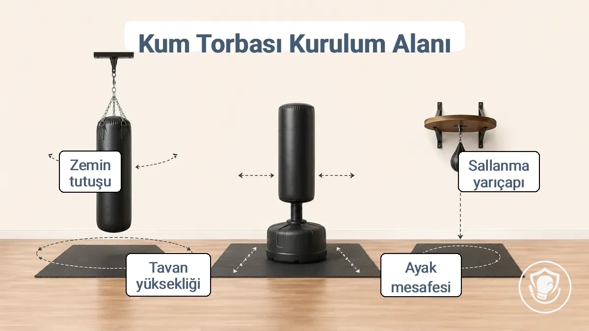 Evde farklı kum torbası kurulumları için gerekli boşluk gereksinimlerini gösteren diyagram