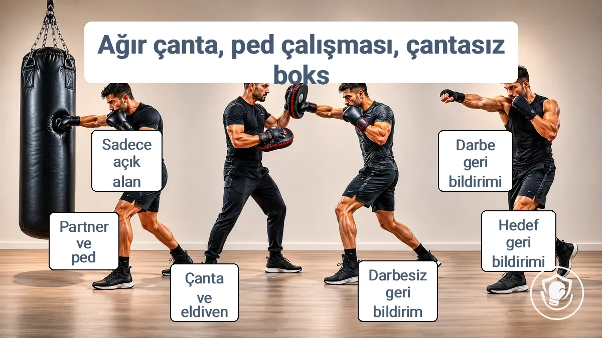 Kum torbası antrenmanı, ped çalışması ve torbasız boks antrenmanı geri bildirim ve gereksinimlerini karşılaştıran şema