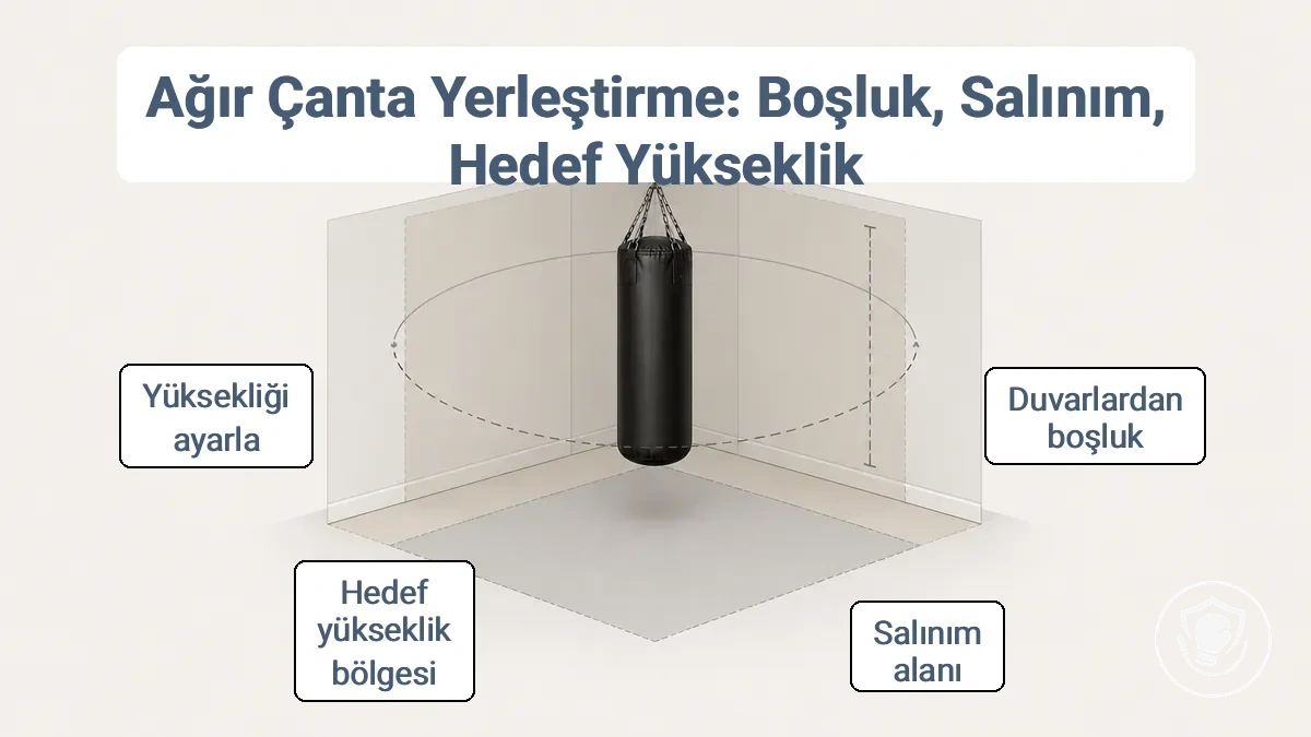 Kum torbası antrenman alanı için salınım yayı, duvar boşluğu ve hedef yüksekliği çizgisini gösteren oda yerleşim şeması