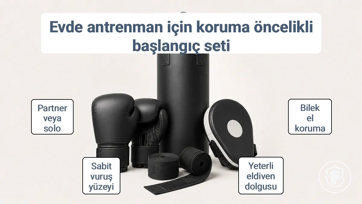 Koruma öncelikli evde boks başlangıç seti: el bandajları, antrenman eldivenleri ve vuruş yüzeyi