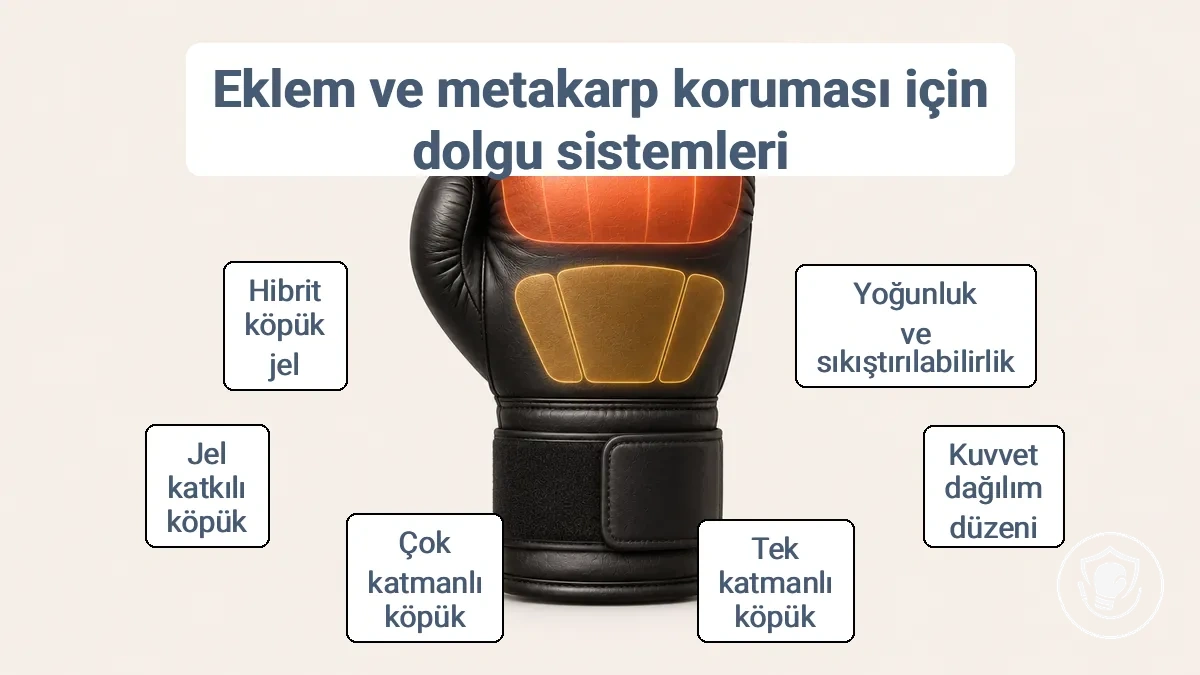 Boks eldiveni dolgu bölgelerini gösteren diyagram: parmak eklemi alanı, el üstü dolgusu ve darbe yayılımı.