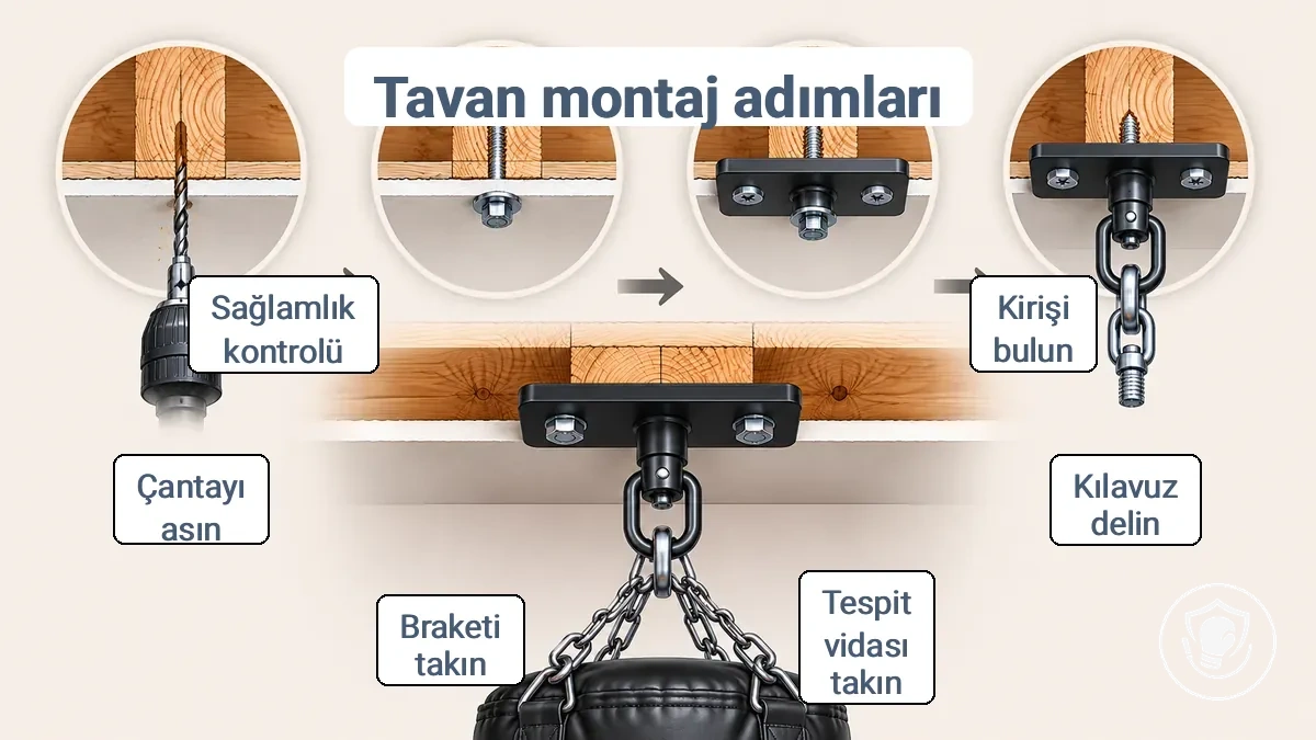 Tavan montaj kurulum adımlarını gösteren diyagram: kirişi işaretleme, kılavuz deliği delme, plakayı sabitleme, boks torbası için zincir ve döner bağlantıyı takma.