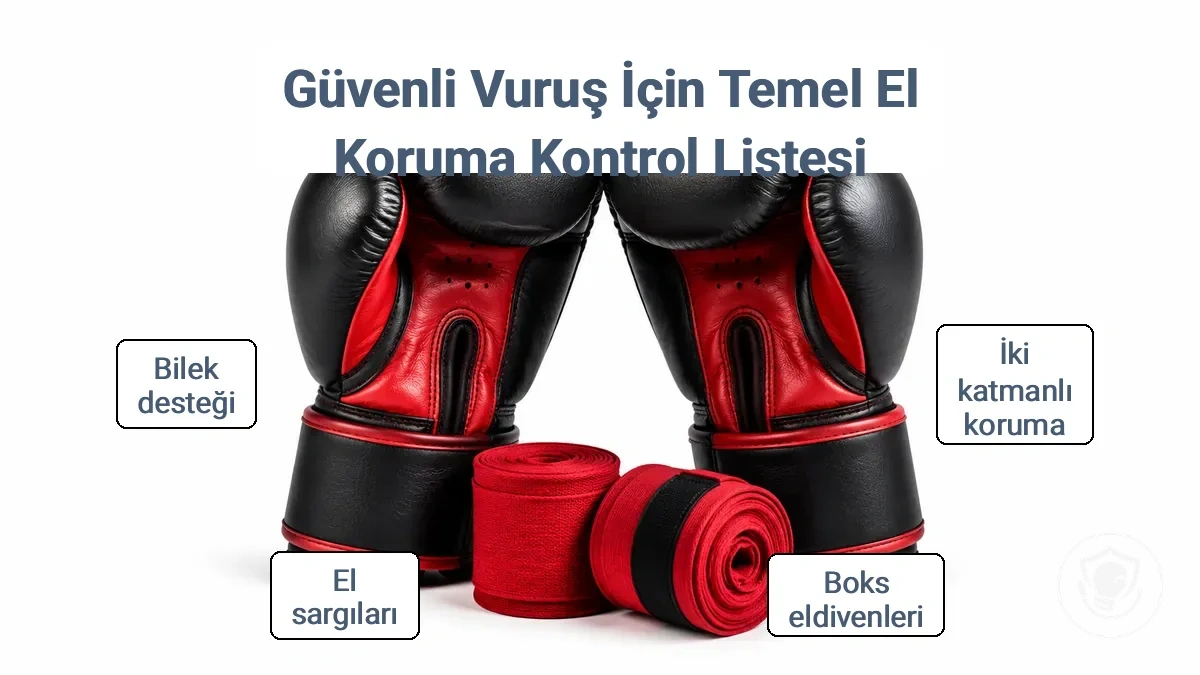 Evde güvenli vuruş için boks eldivenleri altında el sargılarını gösteren iki katmanlı el koruma düzeni