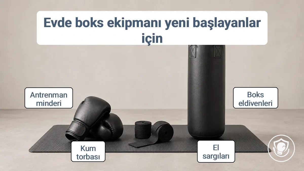 Boks eldivenleri, el bandajları ve bir kum torbası antrenman minderi üzerinde düzenlenmiş - yeni başlayanlar için temel ev boks ekipmanı