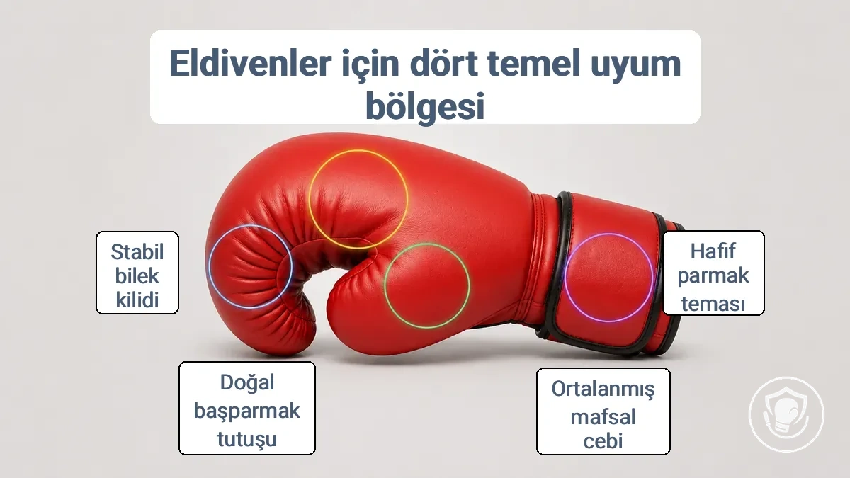 Etiketlenmiş boks eldiveni uyum kontrol bölgeleri: parmaklar, mafsallar, başparmak pozisyonu ve bilek kilidi.