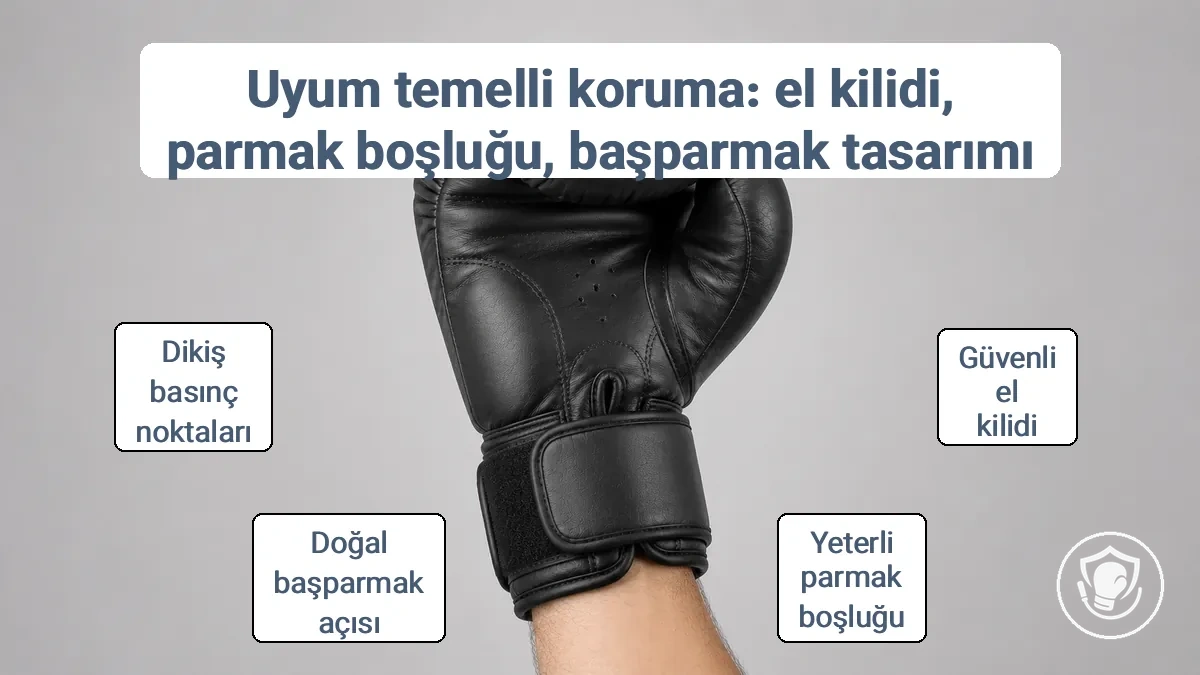 Boks eldivenlerinde el kilidi ve başparmak hizalaması için uyum kontrolü.