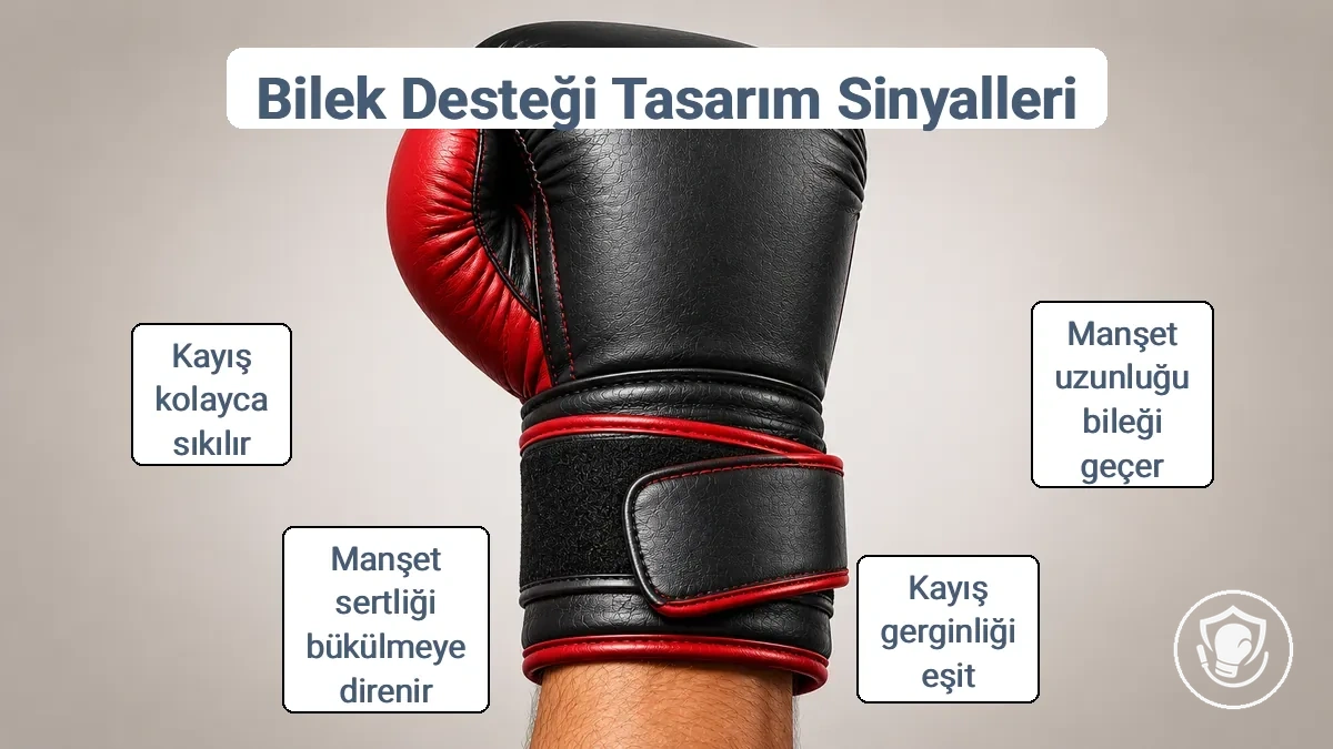 Yeni başlayanlar için bilek desteği tasarım sinyallerini gösteren, açıklamalı boks eldiveni manşeti ve kayışı.