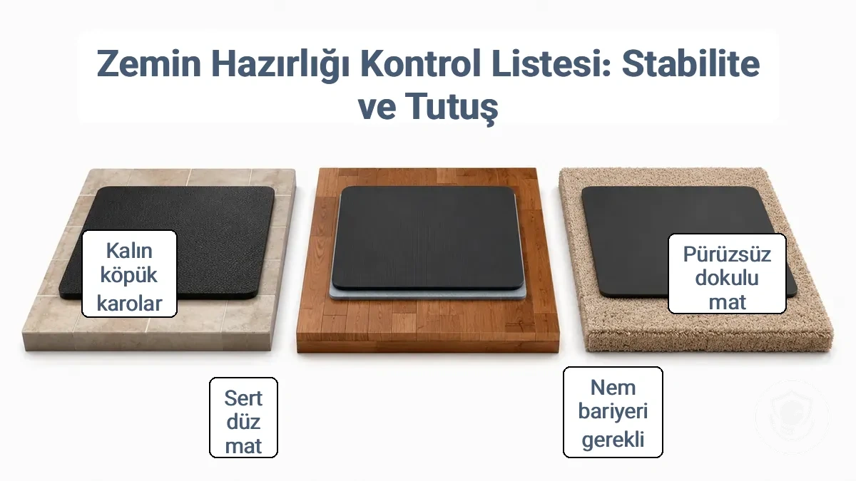 Fayans, ahşap ve halı yüzeylerinin spor minderi kaplamasıyla tutuş ve koruma farklılıklarını vurgulayan karşılaştırma